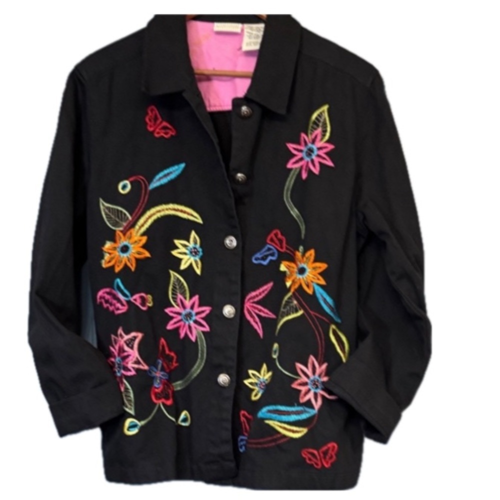 Boho Embroidered Floral Jacket Black Cotton White Stag Large - Picture 1 of 5